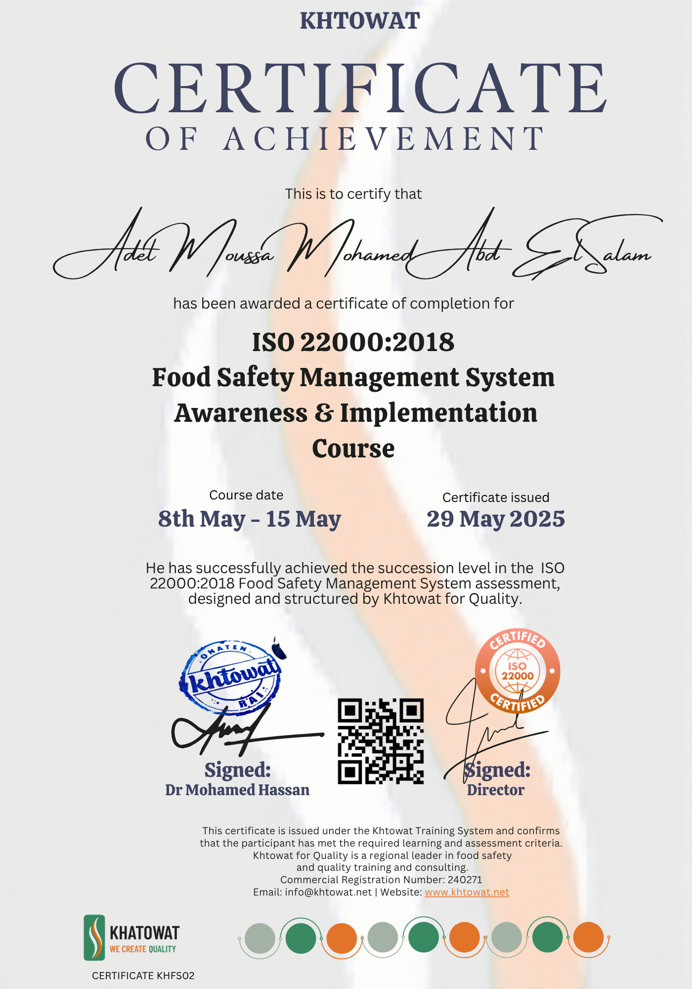 ISO 22000 Training Certificate