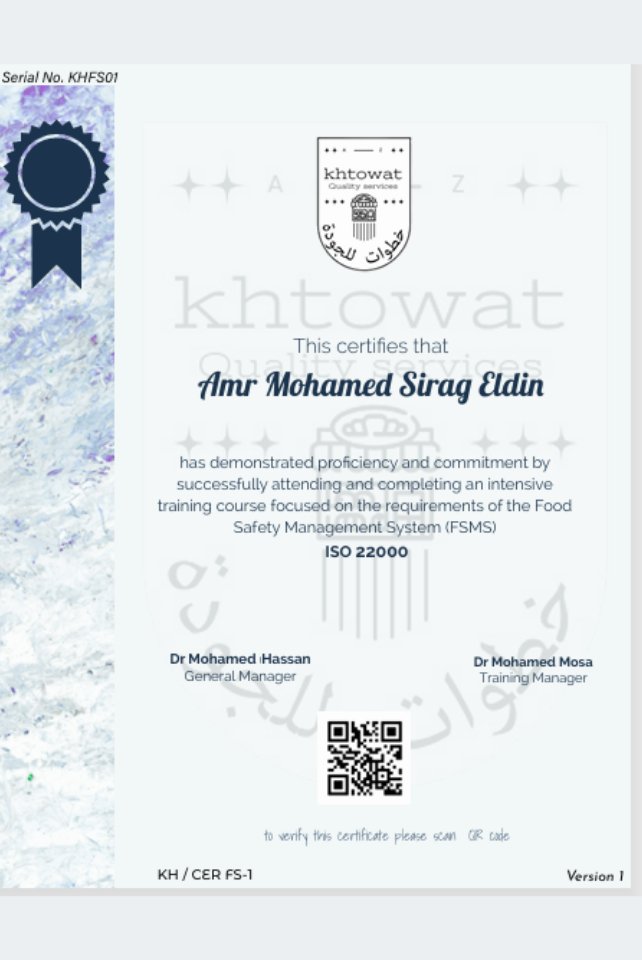 ISO 22000 Training Certificate