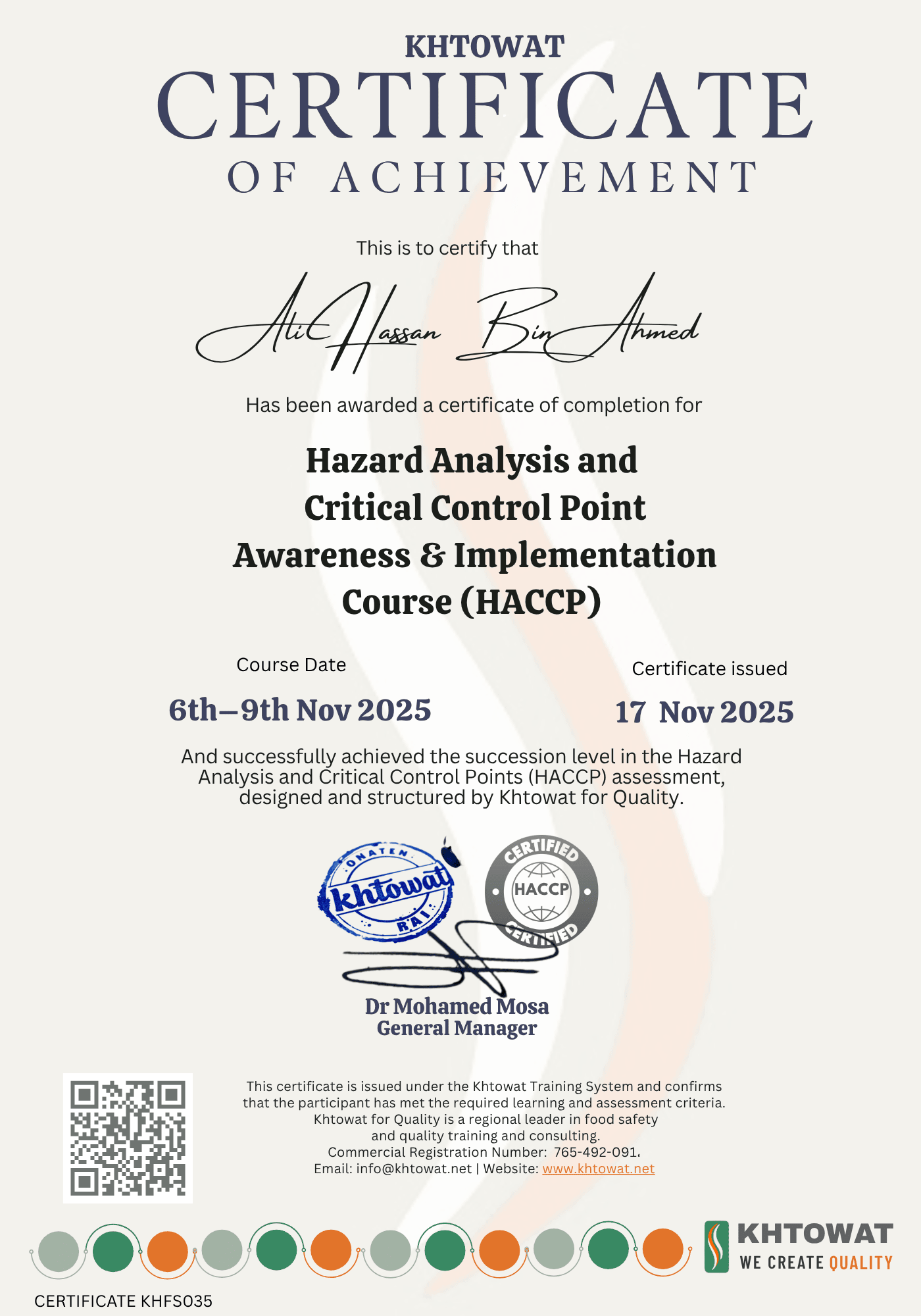 Hazard Analysis and critical control Points (HACCP )